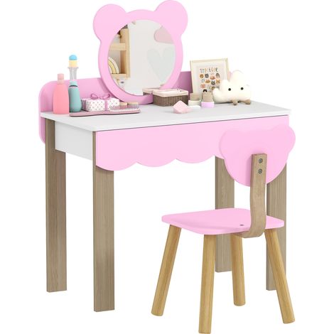 Frisiertisch-Set mit Hocker für Kinder, Schminkspiegel, Bärchenform, Schublade, MDF, Rosa