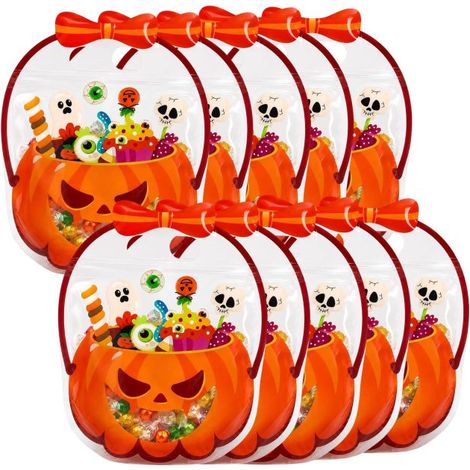 Irovami Lot de 10 sachets à friandises d'Halloween décorés de citrouilles et de chaudrons de sorcière, sachets refermables pour la collecte de bonbons, pochettes cadeaux pour les fêtes (1/5)