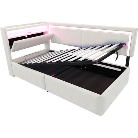 Letto imbottito 90x200 cm in velluto beige con LED, USB e contenitore idraulico (1/5)