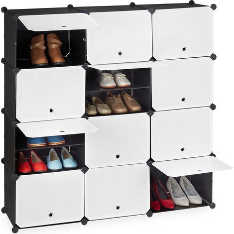 Relaxdays Mueble Zapatero Modular, Armario Organizador Zapatos, Puertas, Estantería 24 Cajones, Plástico, Blanco y Negro