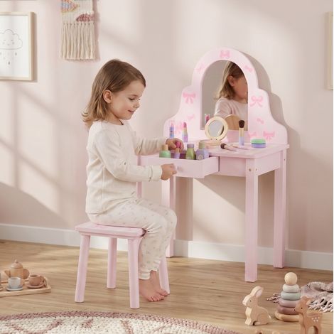 2-in-1 Kinder-Schminktisch mit Hocker, abnehmbarem Spiegel und Schublade, rosa OKMYHOME (1/5)