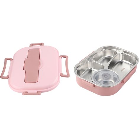 Lunchbox aus Edelstahl mit 4 Fächern, tragbare Bento-Box mit rosa Suppenschüssel, Aufbewahrungsbehälter für erwachsene Studenten. (1/5)