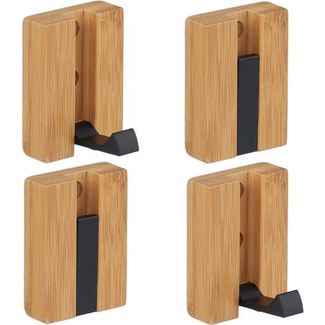 Relaxdays Coat Hooks Set of 4, Bamboo & Metal, Folding, Drilling & Adhesive Mounting, Jacket Hanger, Natural/Black