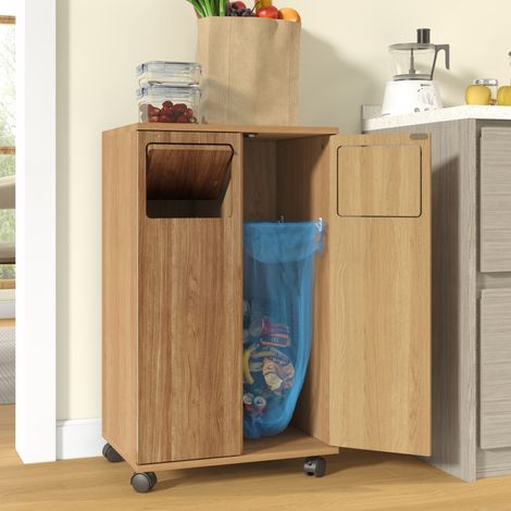 Meuble de Tri Sélectif - 46,7x35x80cm - Poubelle de Cuisine 2 Compartiments Mobile avec Roulettes - Chêne Naturel (1/5)
