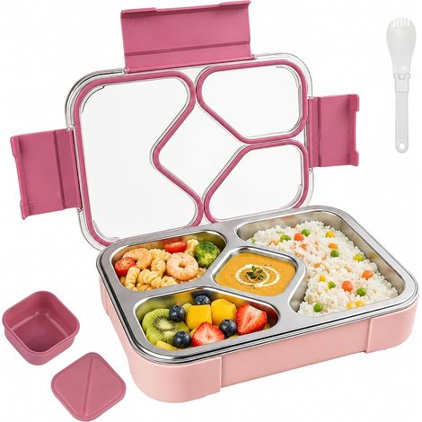 Boîte à déjeuner en acier inoxydable pour enfants - 1020 ml - Boîte à déjeuner Bento avec 4 compartiments - Boîte à pain anti-fuite pour maternelle et l'école - Boîte à déjeuner en acier (1/5)