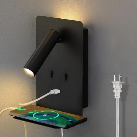 Plug in Wall Light Bedroom Wall Mounted Reading Light LED Bedside Sconces with Switch USB Port Wall Lighting Lamps 3000K(noir) (1/5)