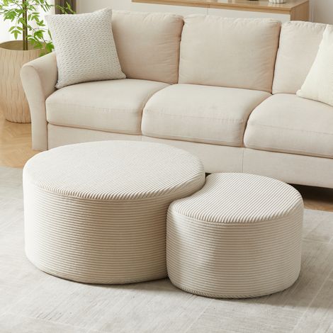 Lot de 2 tables basses rondes en tissu beige, sans montage, pour salon et chambre (1/5)
