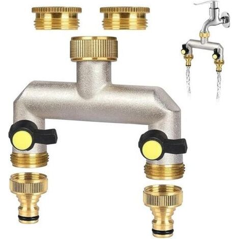 FOREHILL Robinet 2 Voies en Laiton avec 1/2 Pouce Adaptateur,Vanne 2 Voies Distributeur avec Vannes à Bille Séparées,3/4 Pouce (26.5mm) Adaptateur Tuyau Arrosage pour Régler et Arrêter Le Débit ，eau (1/2)