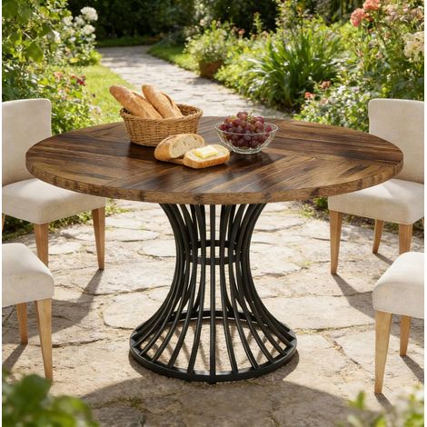 Table de salle à manger ronde 119x76 cm en MDF et métal brun/noir, design moderne FloraGrace (1/5)