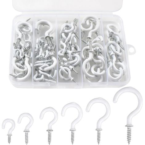 Kit de 90 crochets de plafond blancs, 6 tailles, revêtement vinyle, à visser, pour plantes, cuisine, tasses, etc. (1/2 po, 5/8 po, 3/4 po, 7/8 po, 1 po, 1-1/4 po) (1/5)