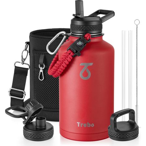 Edelstahl Trinkflasche 1,8L Isoliert mit Paracord & 3 Deckeln, 48h Kalt/24h Heiß