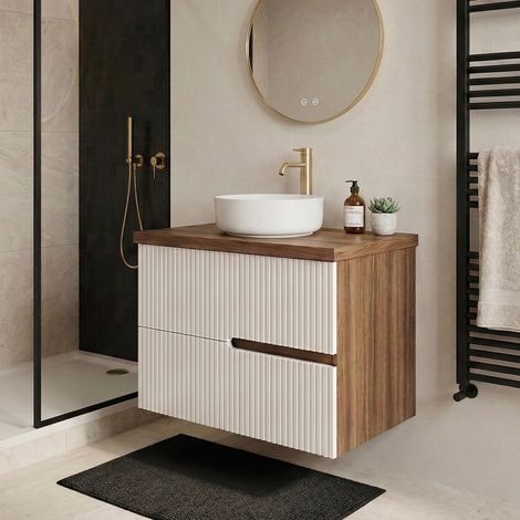 Meuble vasque à poser L.60cm suspendu Chêne Moka 2 tiroirs Blanc brillant cannelé EVA - sans colonne (1/5)