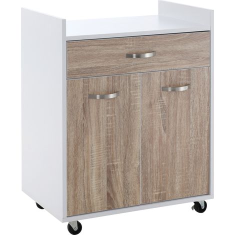 Chariot de cuisine roulant desserte avec tiroir, placard 2 portes et étagère en bois blanc aspect chêne clair (1/5)