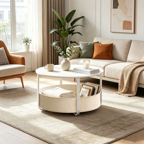 WOLTU Couchtisch rund Beistelltisch mit Aufbewahrungskorb, Sofatisch Nachttisch Wohnzimmertisch, aus PB-Platte Metall Segeltuch, für Sofa Wohnzimmer Schlafzimmer, Ø 80 x H 50 cm, Weiß + Beige (1/5)
