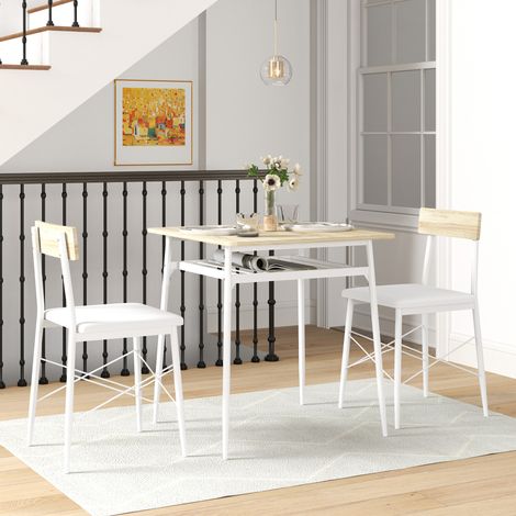 Set de table avec chaises blanc chêne, armature métallique, 2 sièges pliants pour cuisine.