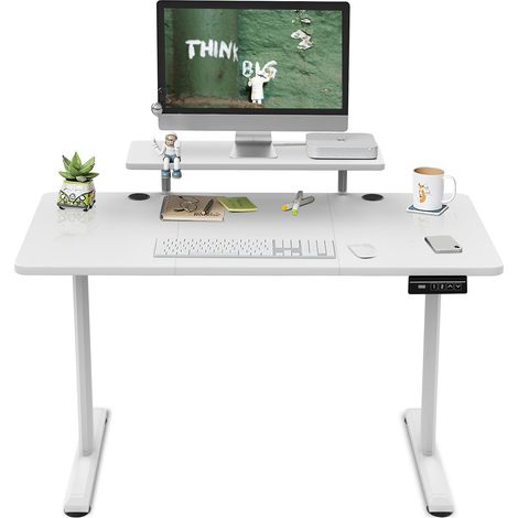 Bureau Assis Debout 120x60cm, Support Écran, Télétravail, Blanc (1/5)