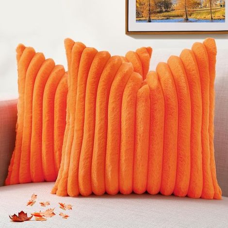 Dekokissenbezüge aus Kunstfell，50 x 50 cm，2er-Set，gestreifte Kissenbezüge in neutralen Farben mit Samtrückseite für Sofa，orange (1/5)