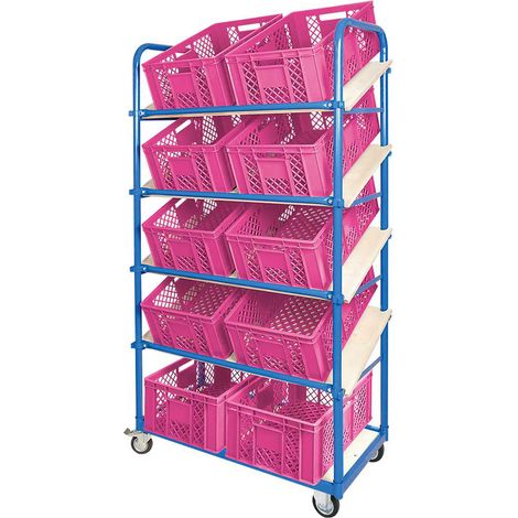 BRB Schrägboden-Regalwagen mit 5 Ebenen, bestückt mit 10 Euroboxen durchbrochen 600x400x240 mm pink