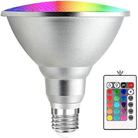 Ampoule LED Par38 RGB étanche 20 W E27 avec télécommande infrarouge 24 touches (RGB et blanc froid), classe énergétique A+. (1/4)