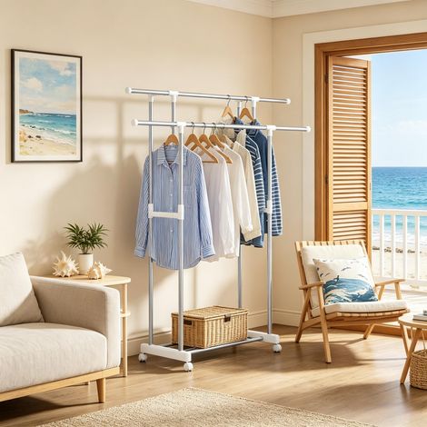 Porte-vêtements sur roulettes, support à habits mobile, penderie ouverte réglable, étendoir à vêtements double barre (avec armoire uniquement) (1/4)