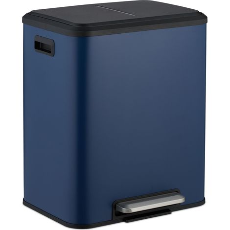 Relaxdays Mülleimer 2 x 15 Liter, Küchenmülleimer mit entnehmbare Inneneimer, Absenkautomatik und Trittpedal, blau
