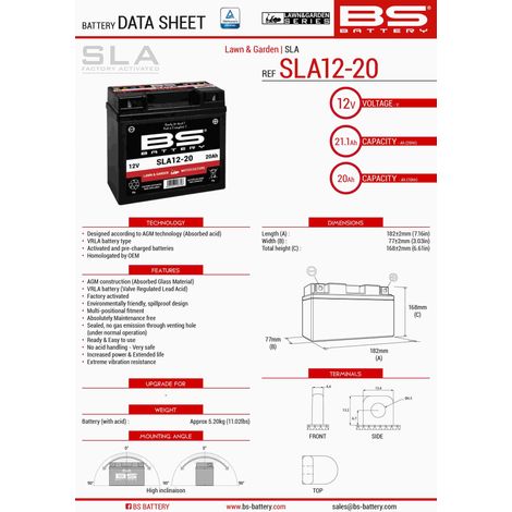 SLA-Batterie BS Battery für Auto SLA12-20 / 12 V 21,1 Ah, neu