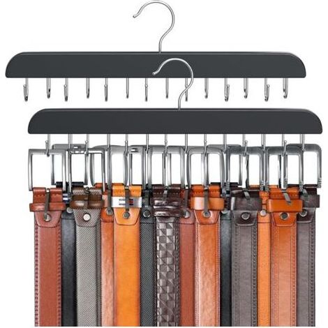(37×1.6×13cm) Lot de 2 cintres pour placard Max 42 ceintures, organisateur de ceinture, accessoires de placard avec 14 crochets, porte-ceinture en bois robuste pour organiseurs de placards et (1/4)