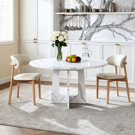 Ensemble de salle à manger rond modulaire composé d'une table et de deux chaises, table en MDF aspect marbre blanc, chaises avec pieds en chêne pour salle à manger et salon (1/4)