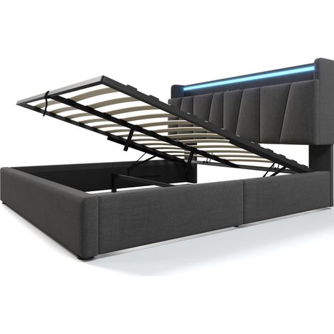 Cama doble tapizada 140x190 cm con cabecero de almacenaje, LED RGBW, USB y Type-C, gris (1/5)