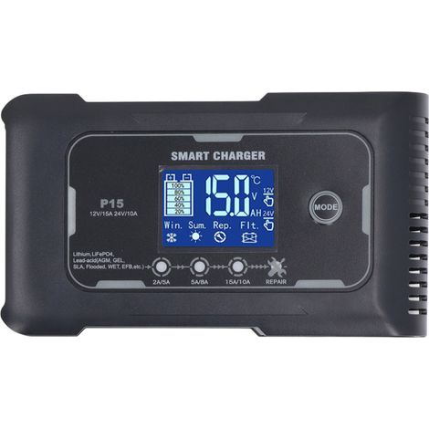 Chargeur de batterie intelligent et automatique 12 V 15 A / 24 V 10 A pour motos, camions et tondeuses à gazon (100-240 V, prise européenne). (1/5)