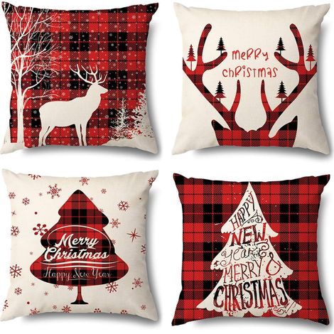 Taie d'oreiller de Noël 45 x 45 cm, lot de 4, motif à carreaux rouges (renne et sapin) (1/3)