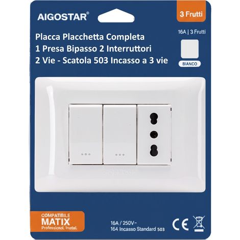 Aigostar Placca Placchetta Completa 3 Posti 2 Interruttori 2 Vie 1 Presa 503