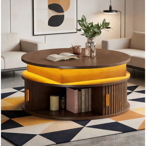 Couchtisch Rund mit Höhenverstellung, 2 Rollladentüren, LED und Verdecktem Stauraum, für Wohnzimmer, MDF, Walnuss, 75 × 75 × 52 cm (1/5)