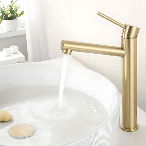 Robinet de Lavabo Haut Doré, Mitigeur Vasque à Poser, Robinetterie Salle de Bain Chaud et Froid Réglable, Acier Inoxydable, Aérateur Démontable, Doré