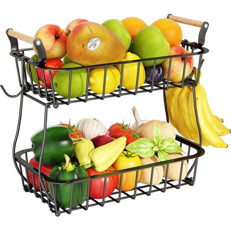 Obstkorb mit 2 Ebenen und 2 Bananenaufhängern, Obst- und Gemüsekorb für die Küchenarbeitsplatte, Draht-Aufbewahrungskorb, Obsthalter für Brot und Snacks, Schwarz (1/5)