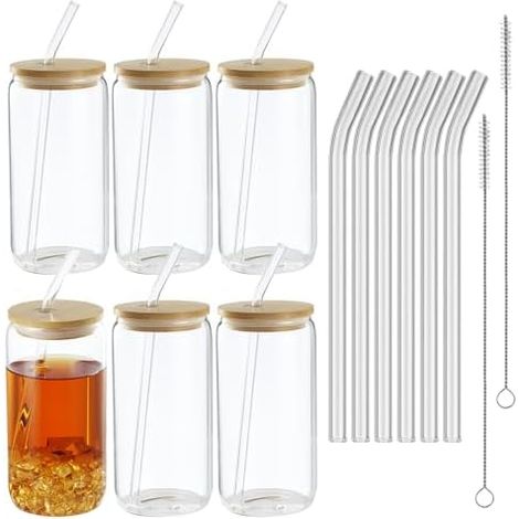 6 Pièces Verre Canette 500 ml, avec Couvercle et Paille, Verre à Smoothie Réutilisable, Adapté aux Smoothies, thé au Lait, Tasse à Bière Tasse à Café Glacée (500ML, 6, unité) (1/5)