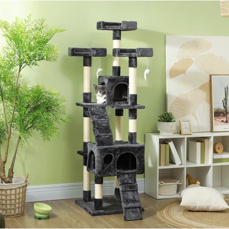 Arbre à chat XXL gris 173 cm avec 3 plateformes, 2 niches et 2 échelles HAVRYA (1/4)