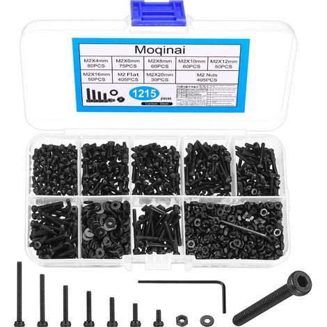 1215 Pièces Kit de Vis M2 Noir, Vis à Tête Cylindrique Hexagonale Interne, Jeu de Vis Métriques avec Écrous et Rondelles, Micro Vis de Précision pour Électronique, Modélisme et Bricolage (1/5)