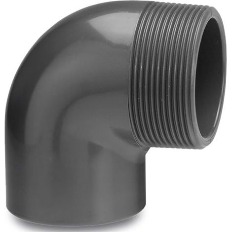 Mega Winkel 90° PVC-U 50 mm x 1 1/2 Zoll Klebemuffe x Außengewinde 10 bar, grau