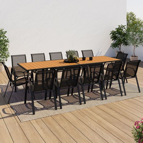 Conjunto de muebles de jardín POLY mesa extensible 135/270 cm y 12 sillas madera y negro