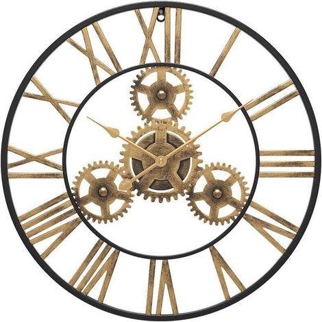 50 cm Noire Industrielle Bois Vintage Pendule Murale Steampunk Chiffres Romains pour Salon Bar Bureau (1/4)
