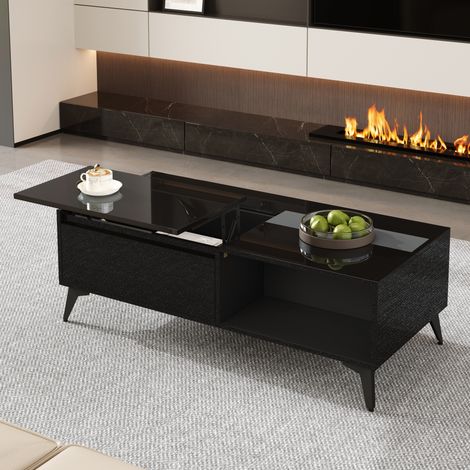 Couchtisch aus Holzspanplatte in Schwarz Hochglanz 110 x 50 cm, höhenverstellbare Tischplatte mit Stauraum (1/5)