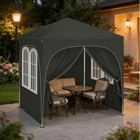 Tonnelle de jardin 2x2 m grise en métal et toile Oxford avec parois amovibles et protection UV (1/4)