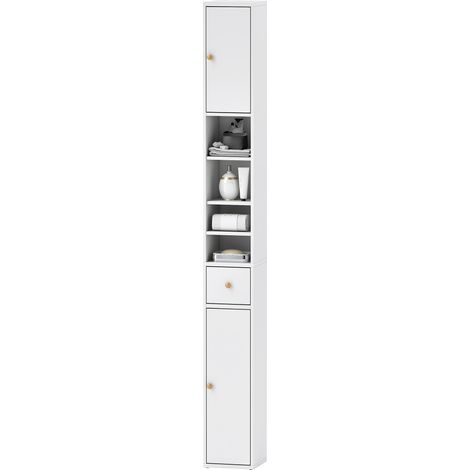 Colonne de salle de bain gain de place avec 2 placards, 3 étagères ouvertes et un tiroir, en bois, 20 x 20 x 178 cm, blanche