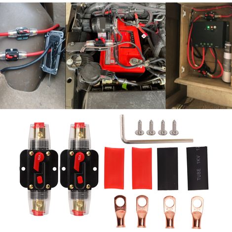 Disjoncteur audio de voiture en ligne 12-24V en 2 pièces avec porte-fusible à réarmement manuel, languettes de connexion et gaine thermorétractable, pour systèmes audio de voiture et de bateau, 60A. (1/5)