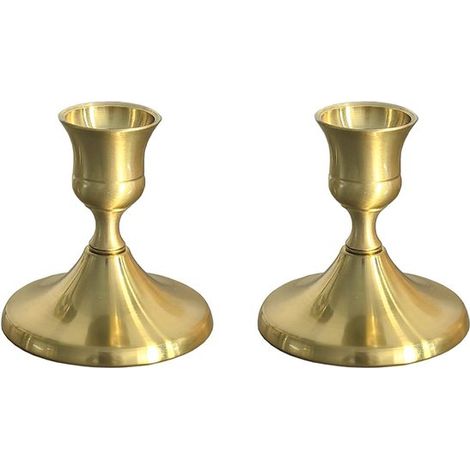 Set di 2 piccoli candelieri affusolati color oro, candelieri vintage in metallo, decorazione per tavolo e caminetto. (1/5)