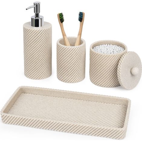 Lot de 4 Accessoires de Salle de Bain - Distributeur de Savon à Lotion, Porte-Brosse à Dents, Distributeur de Support Qtip - Plateau de Coiffeuse pour décoration de Salle de Bain - Beige (1/5)