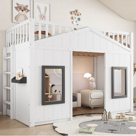 MEUBLIV Etagenbett 90x200 cm Weiß – mit Treppe und Fenstern, ohne Matratze (1/5)