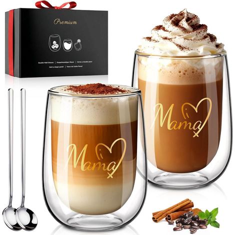 Verres à double paroi pour Latte Macchiato 350ml Lot de 2 avec cuillères, boîte cadeau