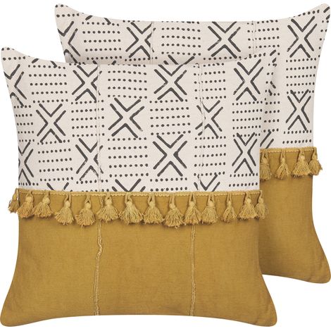 Conjunto de 2 cojines de algodón amarillo mostaza blanco negro 45 x 45 cm Woodi